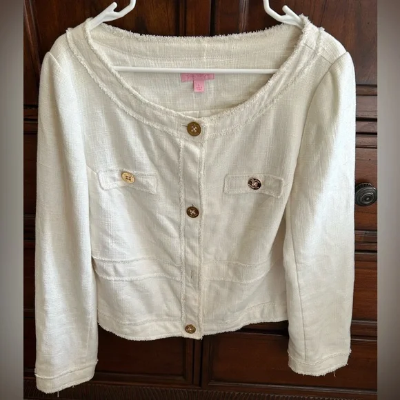 Lilly Pulitzer Cream Millie Linen Blend Jacket with Gold Buttons, Size Large - Picture 11 of 15